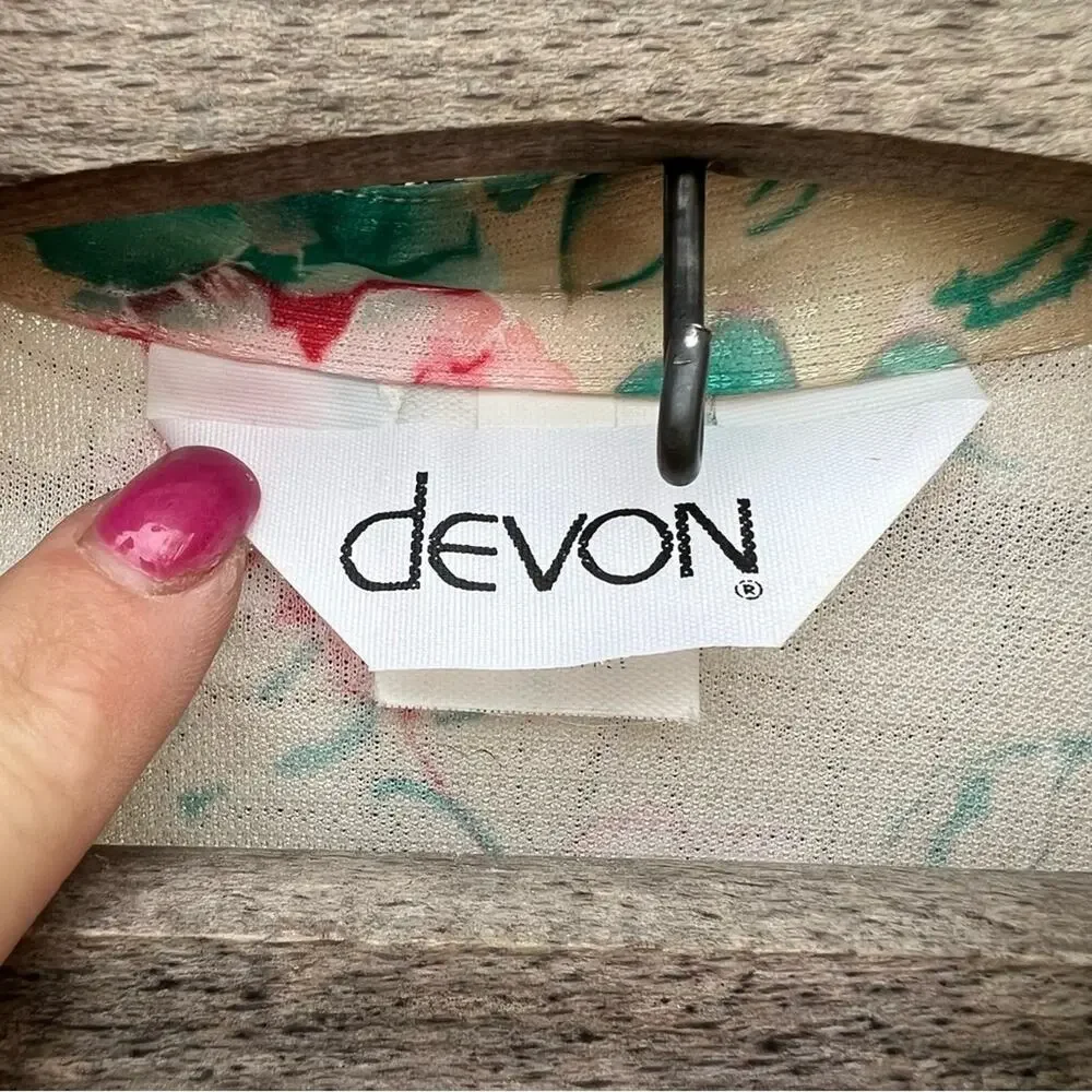 Vintage 60s DEVON butter cream pink green floral button down polyester blouse - Picture 4 of 6